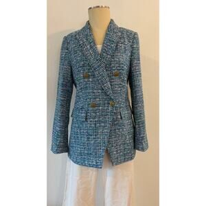 LOFT Tweed Blazer Size 8 Blue Green Double Breasted Gold Button Jacket